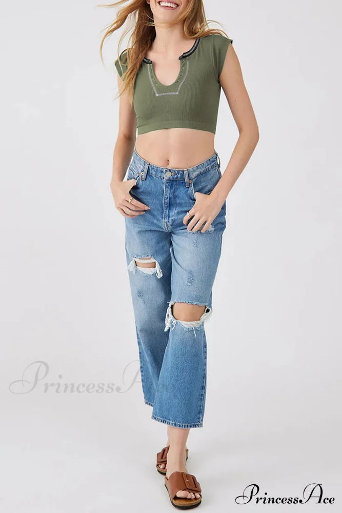 Patchwork Neck U Solid T-Shirt