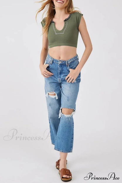 Patchwork Neck U Solid T-Shirt