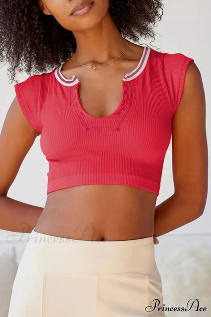Patchwork Neck U Solid T-Shirt