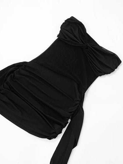 Strapless Sweetheart Mesh Waist Ruched Panel Train Mini Dress