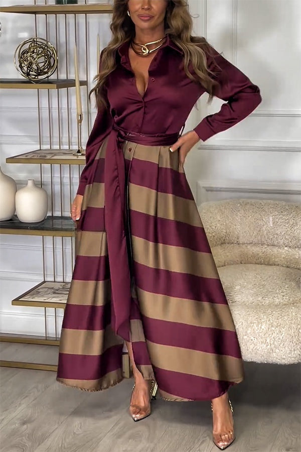 Lindsey Satin Colorblock Contrast Long Sleeve Belted Shirt Maxi Dress