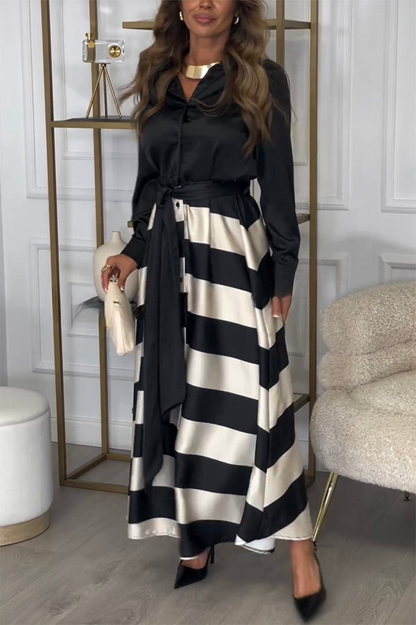 Lindsey Satin Colorblock Contrast Long Sleeve Belted Shirt Maxi Dress