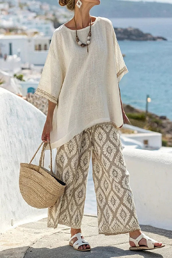 Linen Blend Unique Print Half Sleeve Top and Elastic Waist Pocket Loose Pants Set