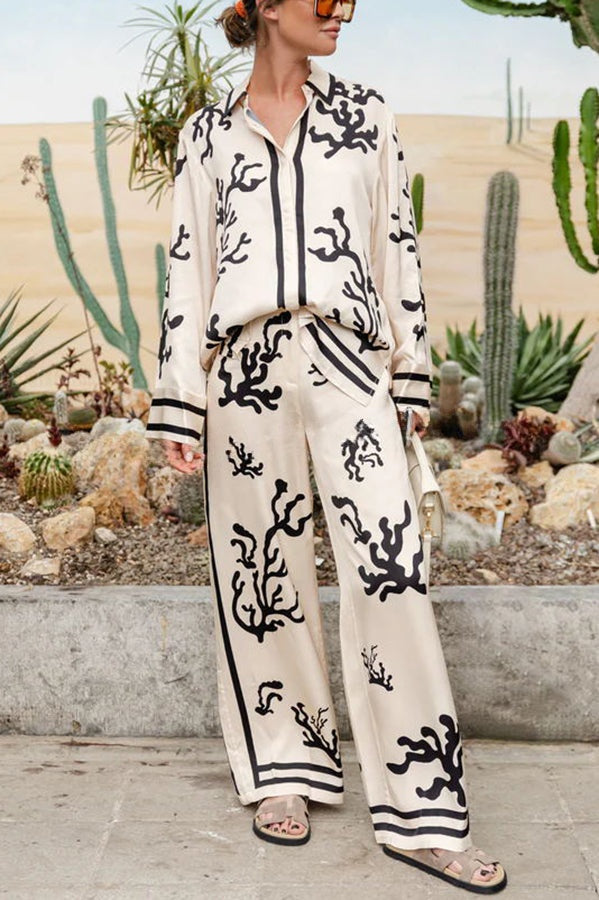® Light and Comfortable Satin Unique Print Elastic Waist Pocketed Wide Leg Pants