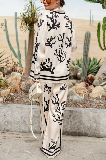 ® Light and Comfortable Satin Unique Print Elastic Waist Pocketed Wide Leg Pants