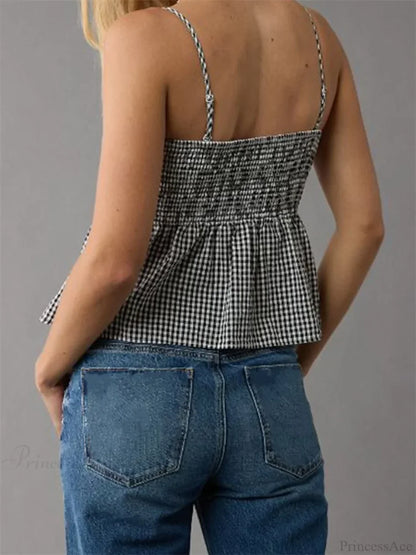 Plaid Ruffle Hem Square Neck Spaghetti Crop Top