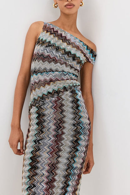 Cocktails and Vacation Knit Colorful Zigzag Pattern One Shoulder Slit Maxi Dress