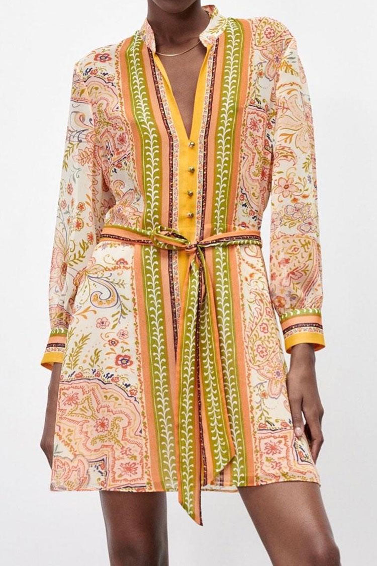 Mandarin Collar Button Front Paisley Border Print Tie Waist Shirt Mini Dress