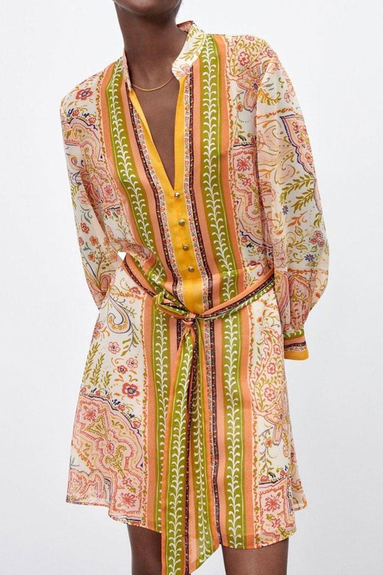 Mandarin Collar Button Front Paisley Border Print Tie Waist Shirt Mini Dress