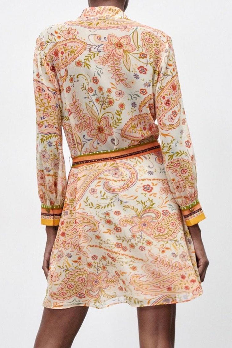 Mandarin Collar Button Front Paisley Border Print Tie Waist Shirt Mini Dress