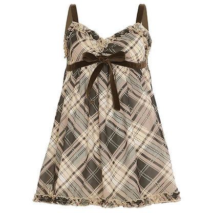 Plaid Babydoll Sweetheart Lace Trim Velvet Bow Empire Mini Dress