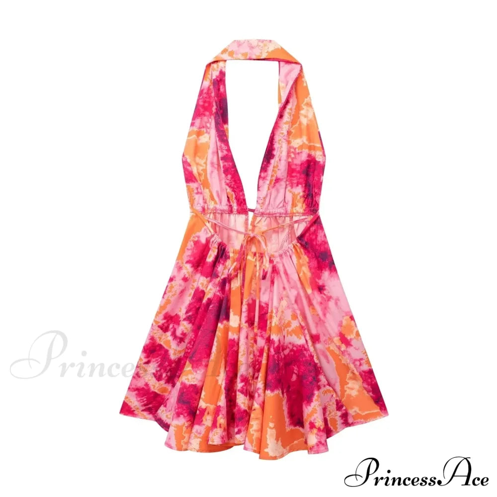 Print Halter Open Back Graceful Sleeveless V Neck Mini Dress