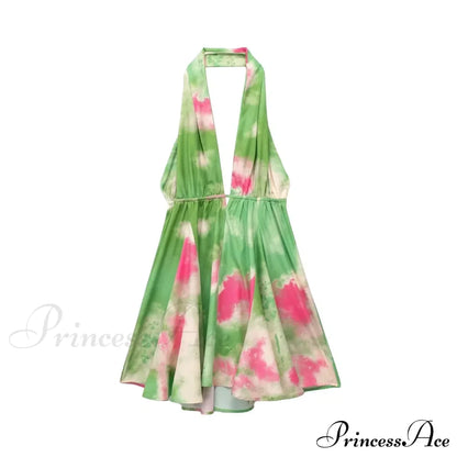 Print Halter Open Back Graceful Sleeveless V Neck Mini Dress
