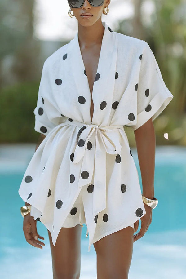 Playful Linen Blend Polka Dot Tie-up Kimono Top and Elastic Waist Pocket Shorts Set