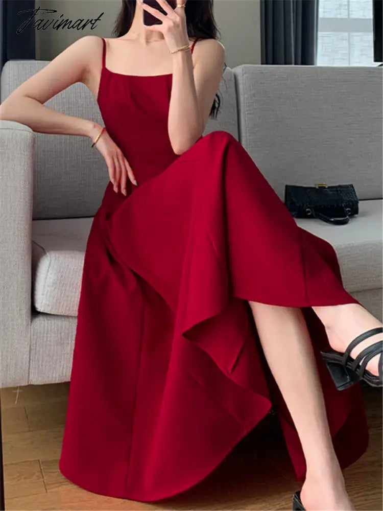 Red Midi Dress Women Elegant Summer New Fashion Sleeveless Spaghetti Strap A-line Dresses Female Vestidos Slim Clothes