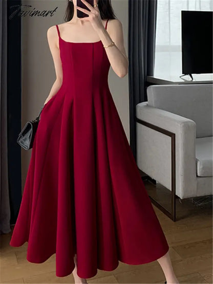 Red Midi Dress Women Elegant Summer New Fashion Sleeveless Spaghetti Strap A-line Dresses Female Vestidos Slim Clothes