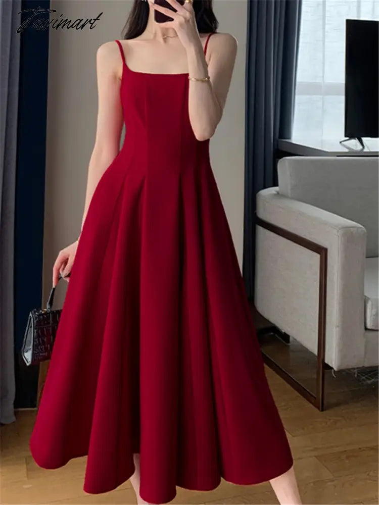 Red Midi Dress Women Elegant Summer New Fashion Sleeveless Spaghetti Strap A-line Dresses Female Vestidos Slim Clothes