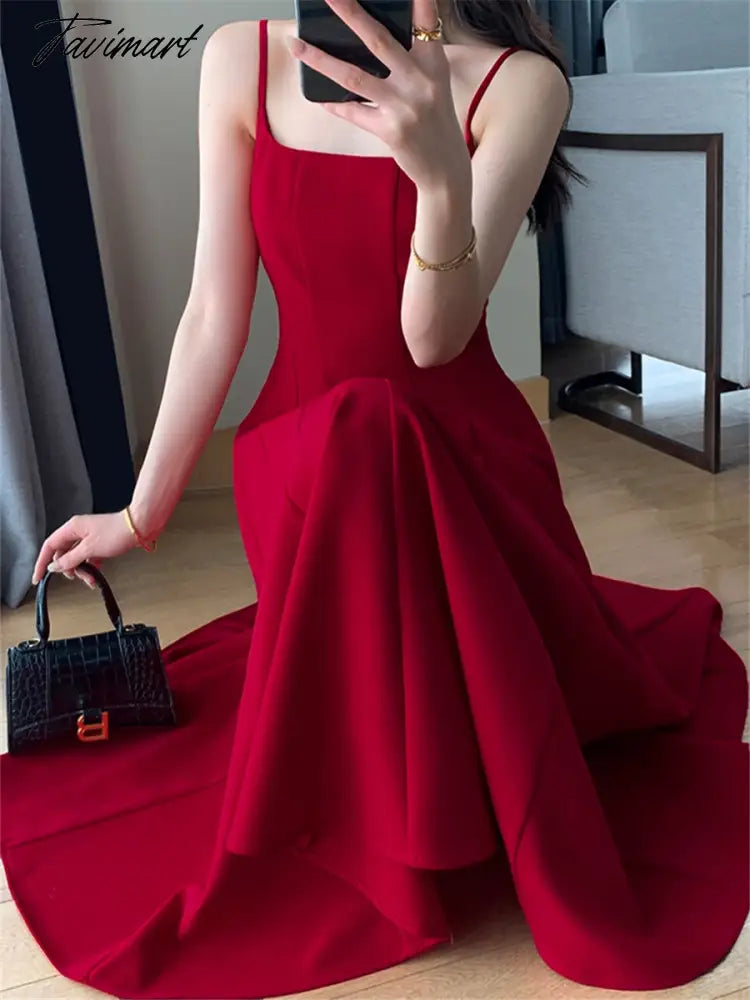 Red Midi Dress Women Elegant Summer New Fashion Sleeveless Spaghetti Strap A-line Dresses Female Vestidos Slim Clothes