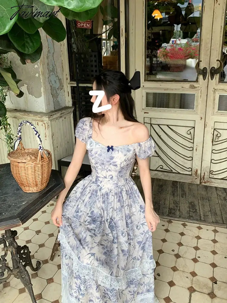 Retro Floral Lace Midi Dress Woman Summer Short Sleeve Elegant Dress Women Even Party One Piece Dress Korean Fashion Chic