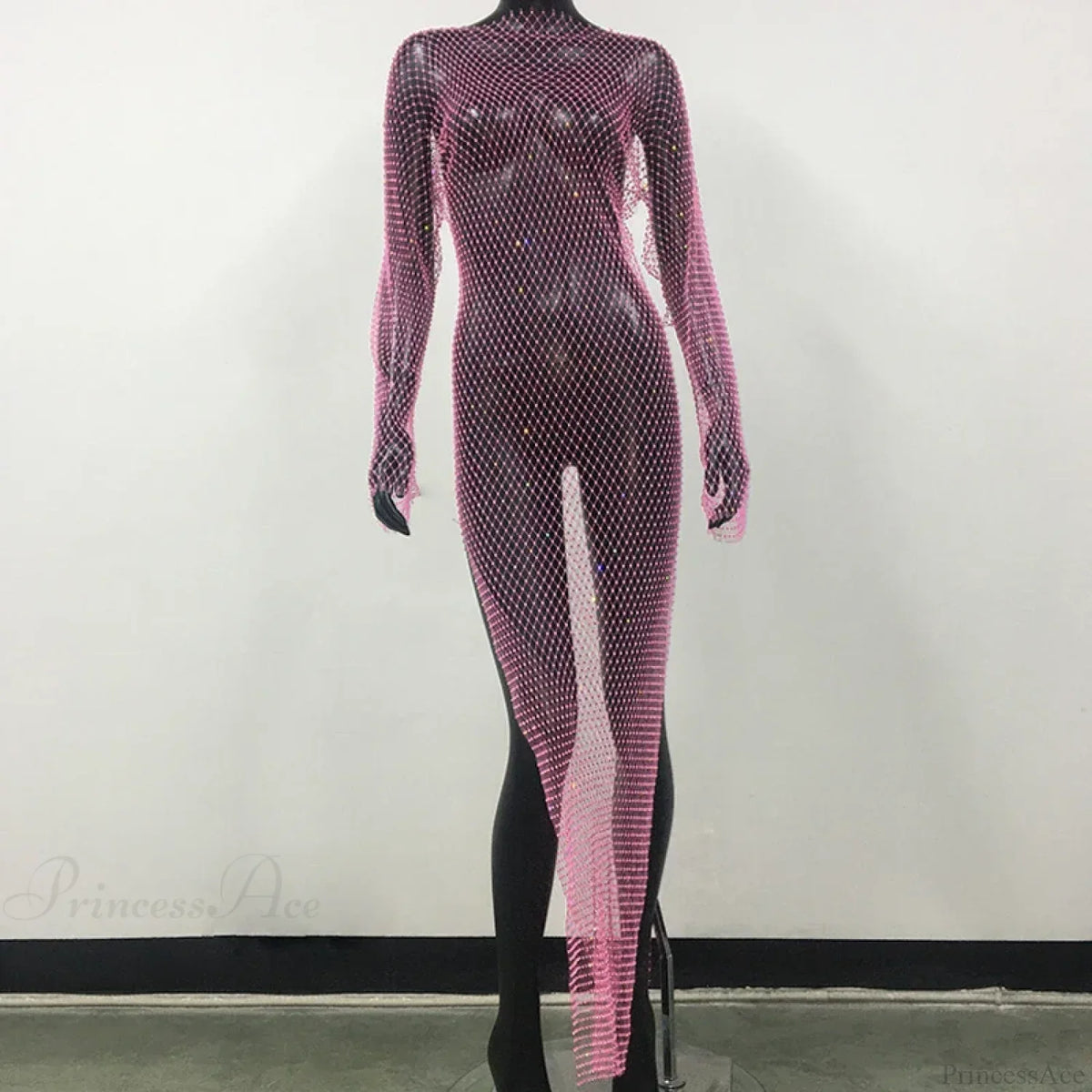 Rhinestone Fishnet Long Sleeve Party Dress