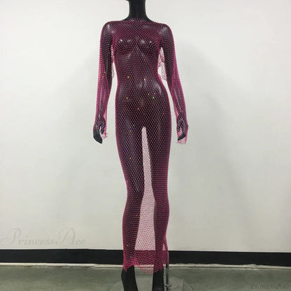 Rhinestone Fishnet Long Sleeve Party Dress