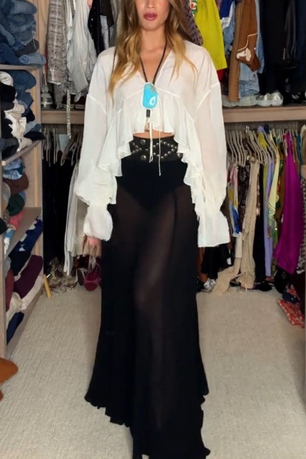 Boho Forever Chiffon Ruffles Balloon Sleeve Tie-up Blouse