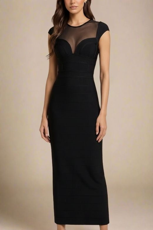 Classic Black Bandage Mesh Yoke Sweetheart Cap Sleeve Maxi Dress