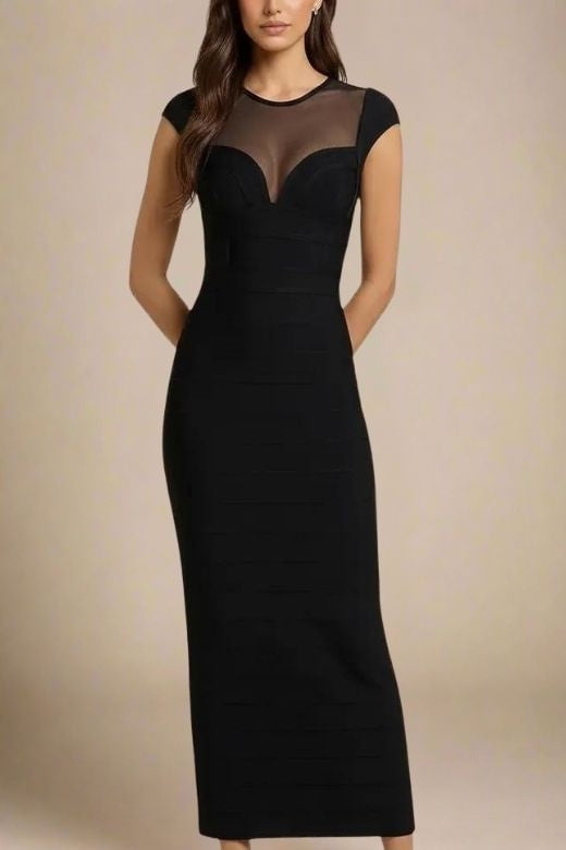 Classic Black Bandage Mesh Yoke Sweetheart Cap Sleeve Maxi Dress