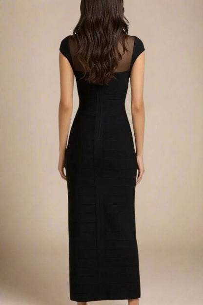 Classic Black Bandage Mesh Yoke Sweetheart Cap Sleeve Maxi Dress