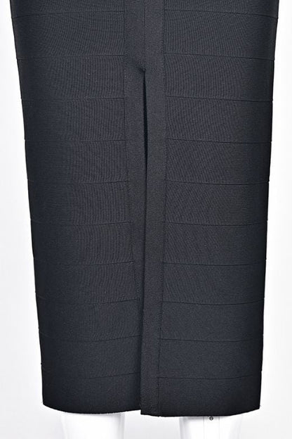 Classic Black Bandage Mesh Yoke Sweetheart Cap Sleeve Maxi Dress