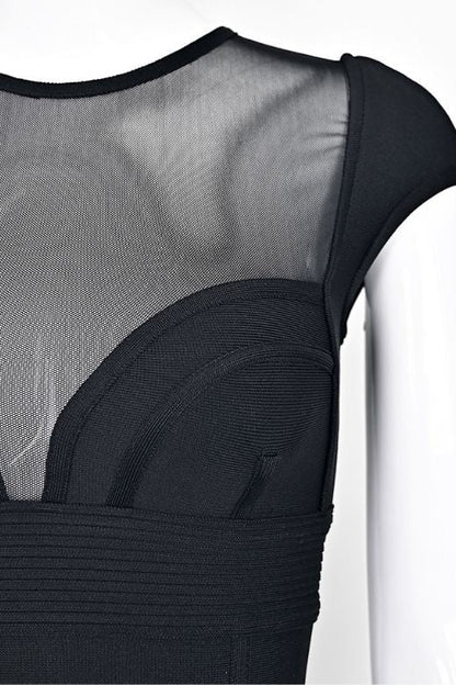 Classic Black Bandage Mesh Yoke Sweetheart Cap Sleeve Maxi Dress