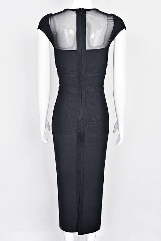 Classic Black Bandage Mesh Yoke Sweetheart Cap Sleeve Maxi Dress