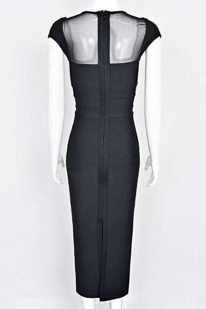 Classic Black Bandage Mesh Yoke Sweetheart Cap Sleeve Maxi Dress