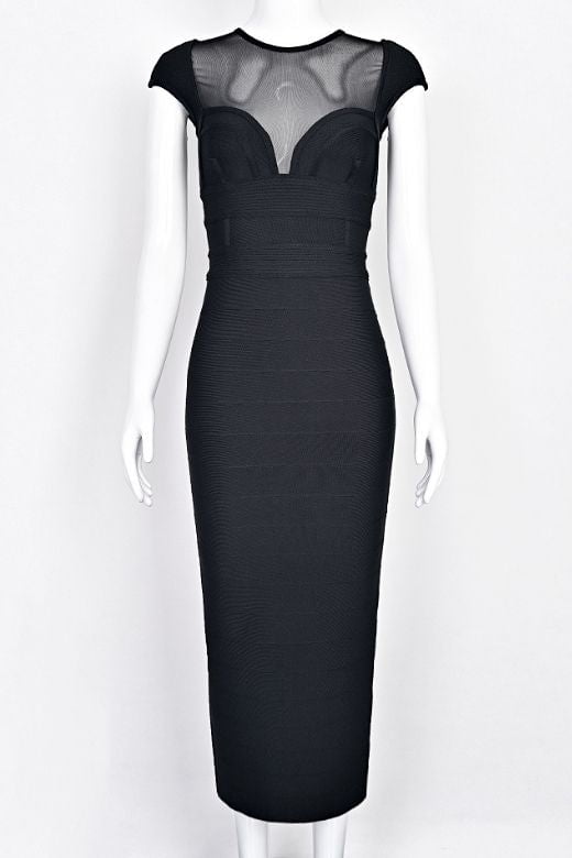 Classic Black Bandage Mesh Yoke Sweetheart Cap Sleeve Maxi Dress