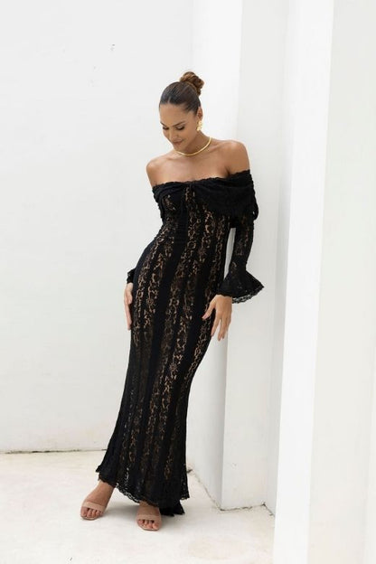 Lipstick Red Off Shoulder Lace Up Long Sleeve Lace Maxi Dress