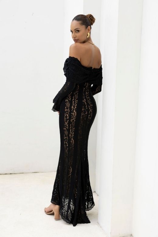 Lipstick Red Off Shoulder Lace Up Long Sleeve Lace Maxi Dress