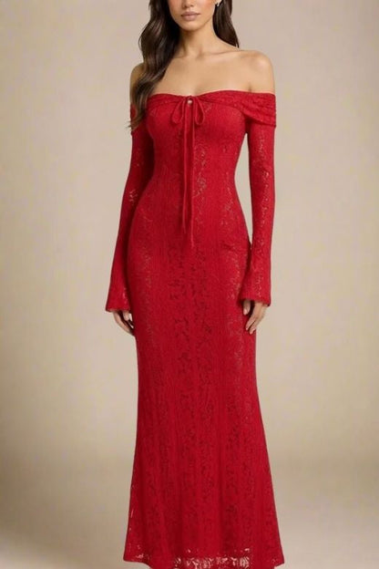 Lipstick Red Off Shoulder Lace Up Long Sleeve Lace Maxi Dress
