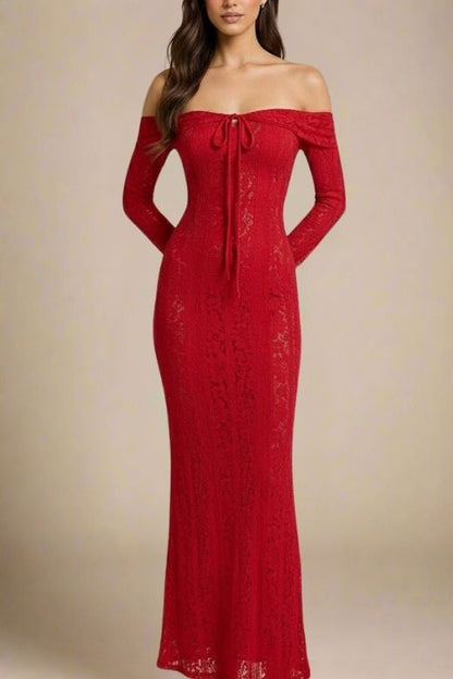 Lipstick Red Off Shoulder Lace Up Long Sleeve Lace Maxi Dress