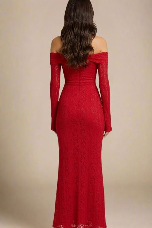 Lipstick Red Off Shoulder Lace Up Long Sleeve Lace Maxi Dress