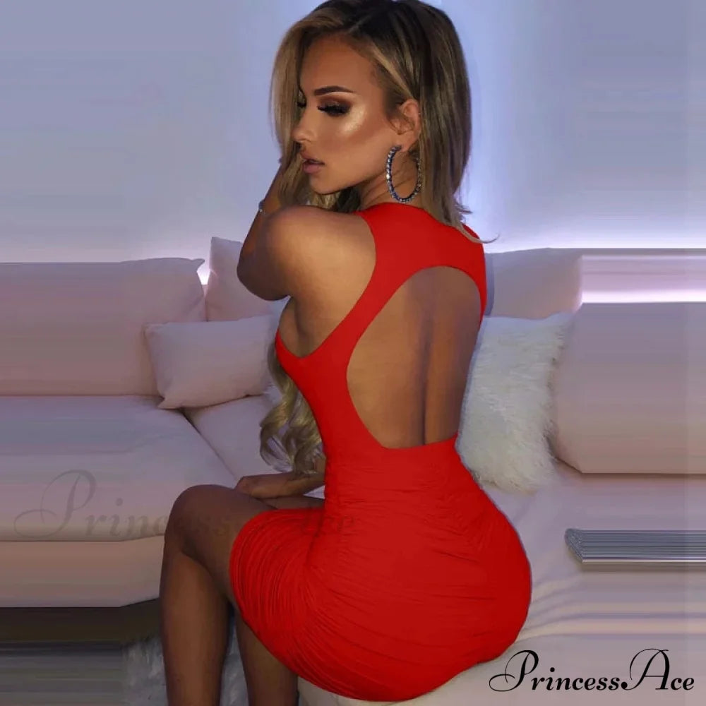 Ruched Tank Sexy Bodycon Backless Lady Black O-Neck Hollow Gown Dresses White Sleeveless Out Party Mini Gown Women Summer