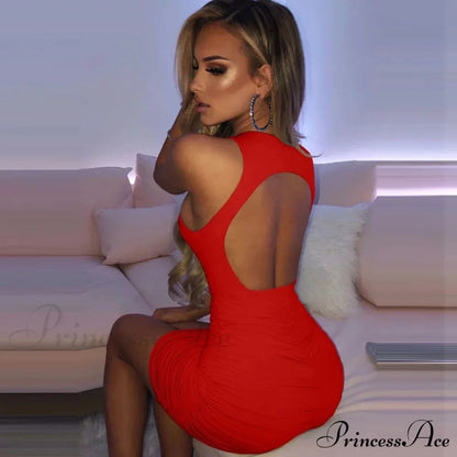 Ruched Tank Sexy Bodycon Backless Lady Black O-Neck Hollow Gown Dresses White Sleeveless Out Party Mini Gown Women Summer