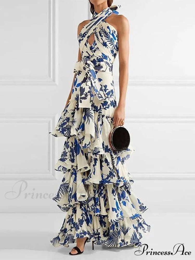 Ruffled Aesthetic Sleeveless for Women's with - Party Vestidos Neck-mounted Hem Formal Elegant Patterned Layered Evening Wear Design Dress