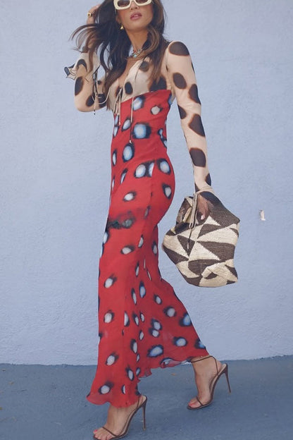 Sabine Animal and Butterfly Print Colorblock Long Sleeve Bias Cut Maxi Dress