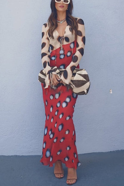 Sabine Animal and Butterfly Print Colorblock Long Sleeve Bias Cut Maxi Dress