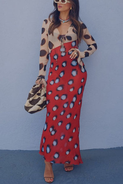 Sabine Animal and Butterfly Print Colorblock Long Sleeve Bias Cut Maxi Dress