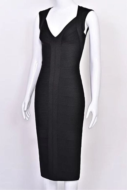 Classic Black Deep V-Neck Sleeveless Bandage Bodycon Midi Dress