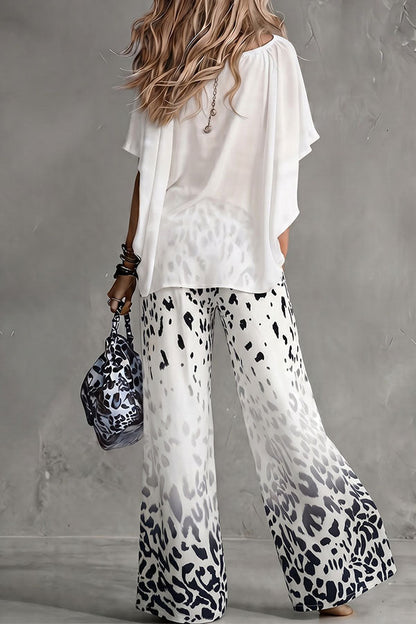 Safari Glam Draped Blouse & Ombre Leopard Wide-Leg Trousers Set