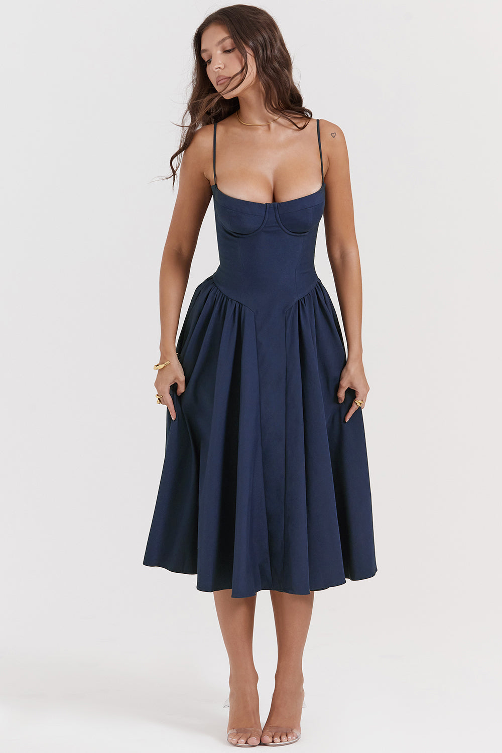 Square Neck Bow Strap Button Front Pocket Midi Dress