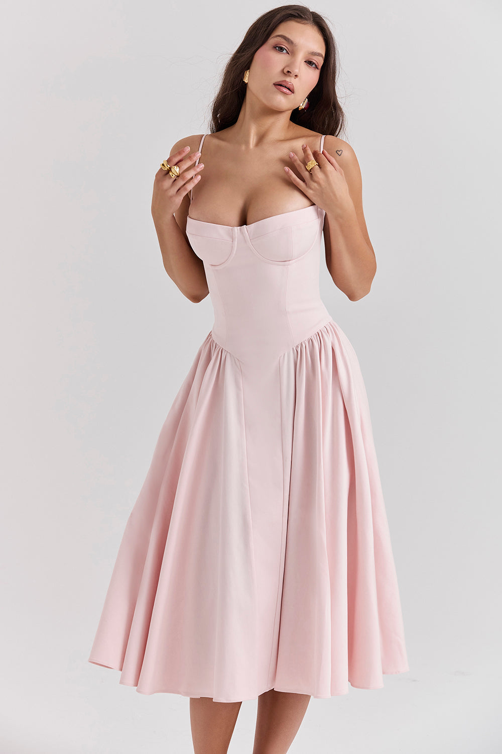 Square Neck Bow Strap Button Front Pocket Midi Dress
