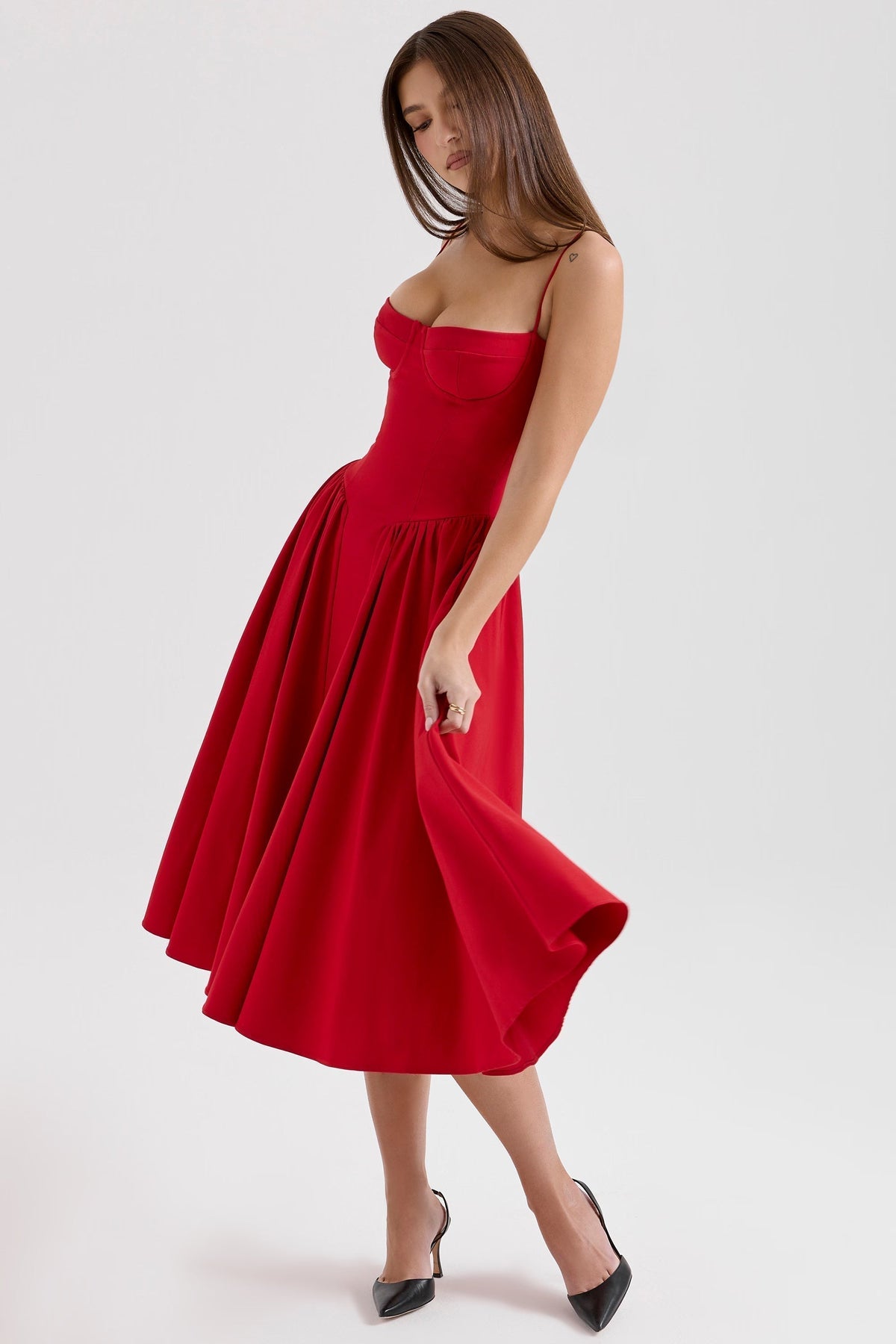 Square Neck Bow Strap Button Front Pocket Midi Dress